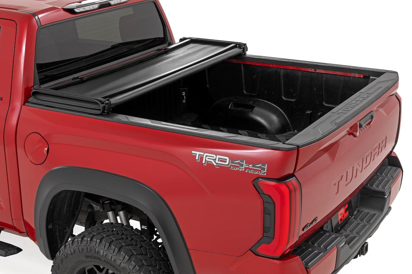 Rough Country 41419560A Soft Tri-Fold Bed Cover | 5'7" Bed | with and w/o OE Rail | Toyota Tundra (22-26) - Studio View 2